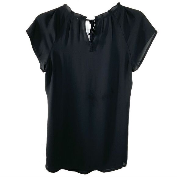 LOFT Black Pleated Sheer Short Sleeve Blouse XS - Picture 4 of 5